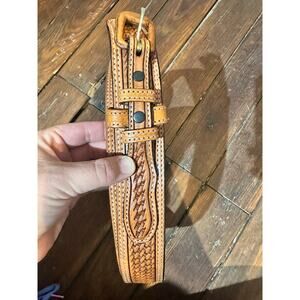 VOGT Handmade Leather Tooled Western Basket Weave Buckle Belt size 44